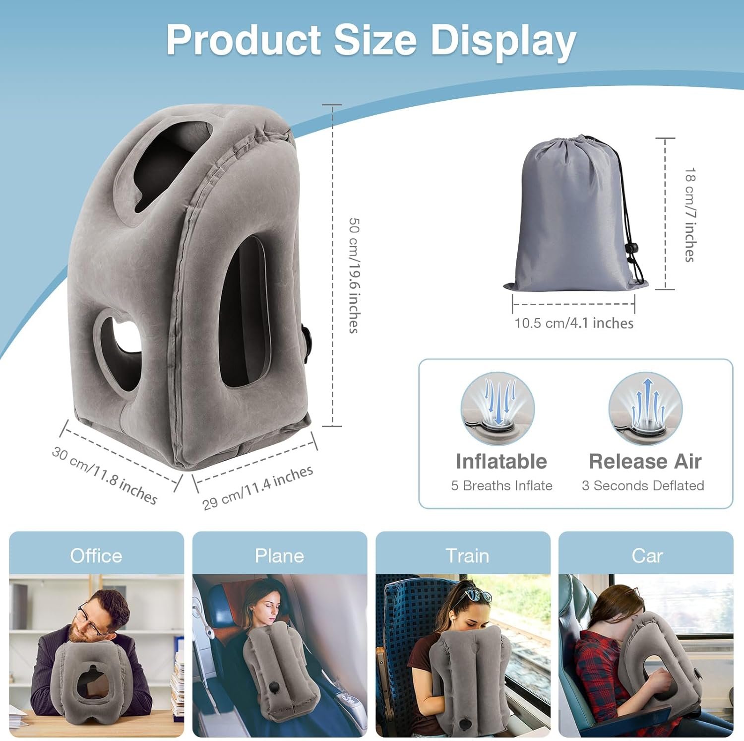 1769318477 MoKo Inflatable Travel Pillow Comfortable Neck Pillow with Storage Bag Support Shoulder and Neck to Avoid Pain for Airplane Train Office Car Travel Home Gray.jpg