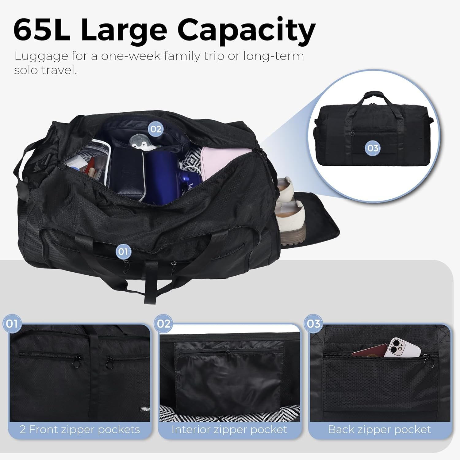 1769320544 Fmeida 65L Duffle Bag with Shoes Compartment Foldable Travel Duffel Bags for Men Women Large Packable Travel Bag Water Repellent Tear Resistant Black.jpg