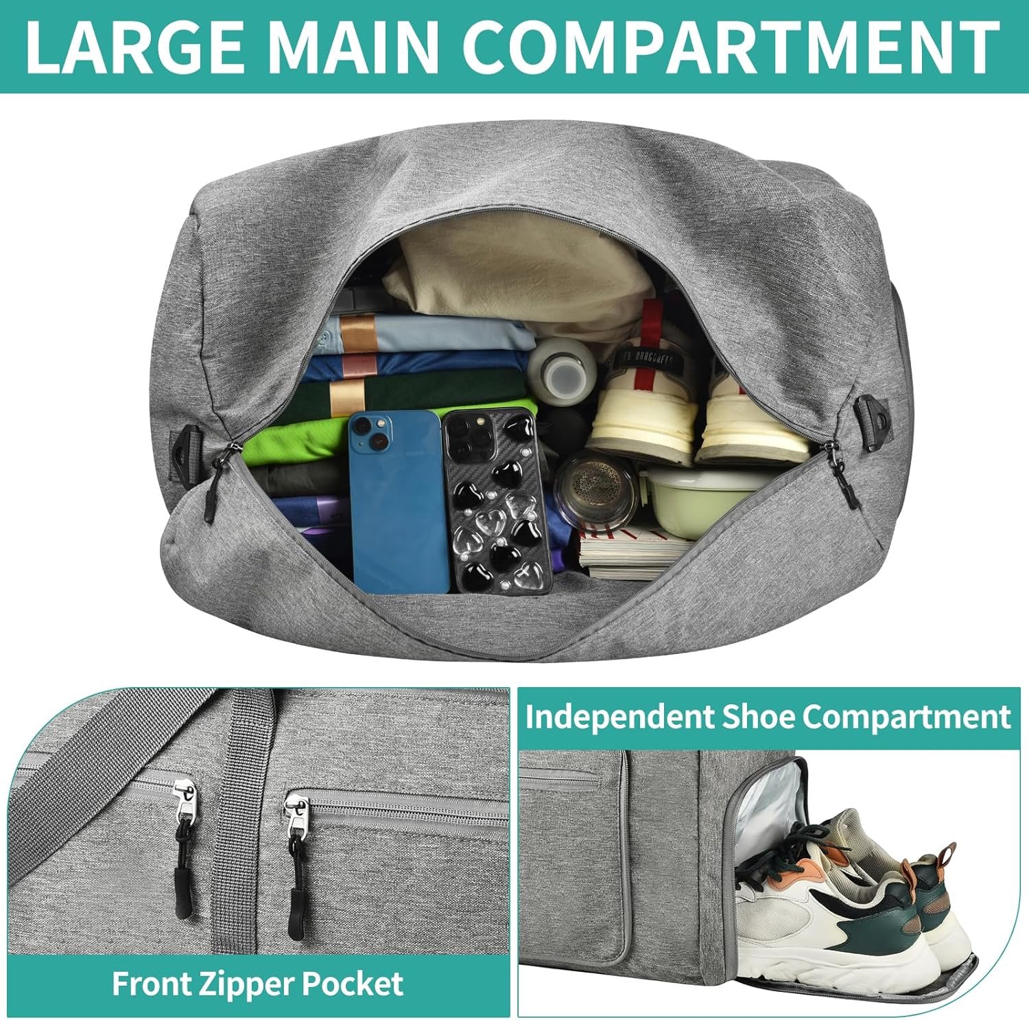 1769323916 Dimayar 65L Travel Duffle Bag for Men Women Foldable Duffel Bag with Shoes Compartment Overnight Bags Waterproof Tear ResistantGray.jpg