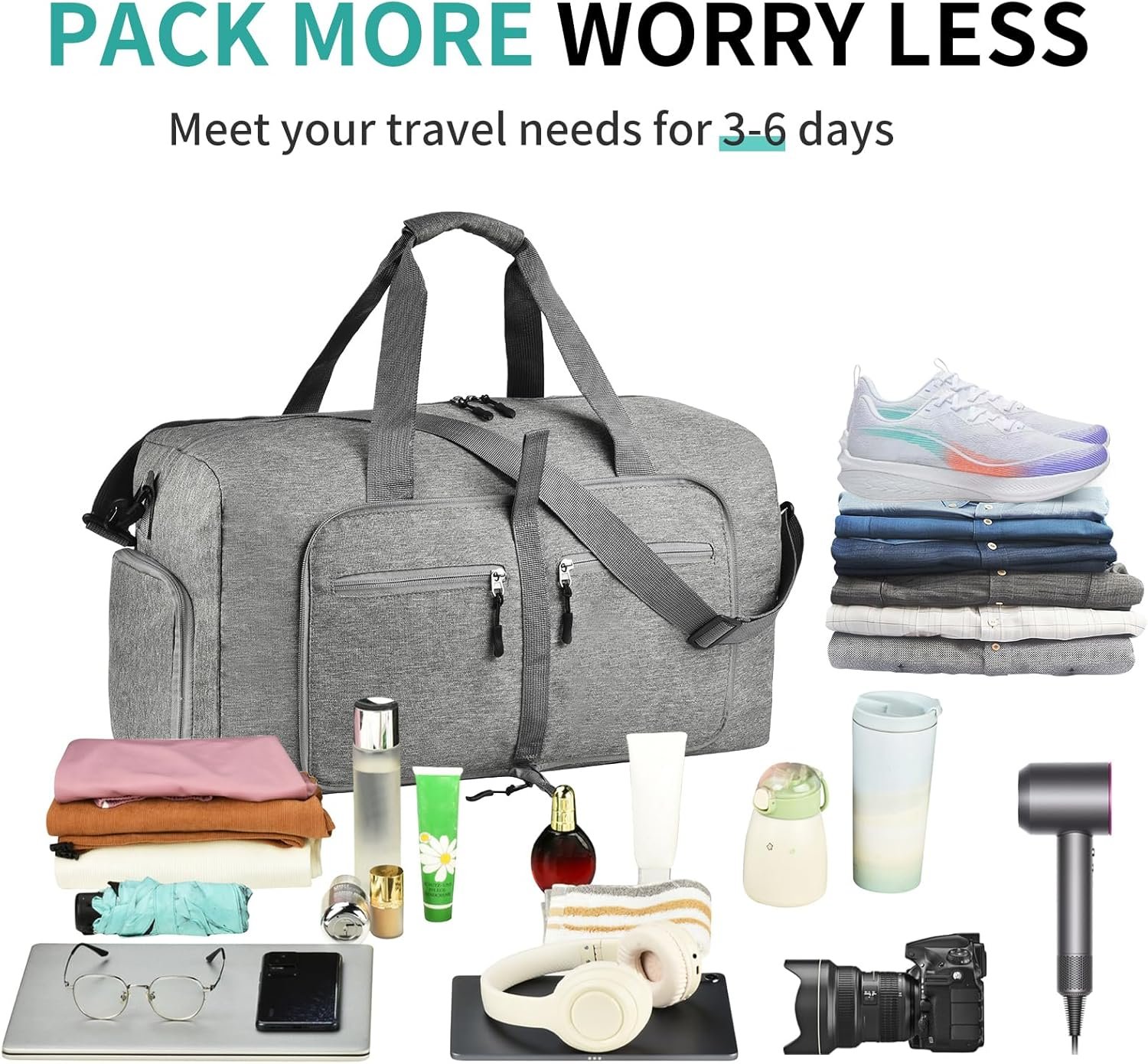 1769323920 Dimayar 65L Travel Duffle Bag for Men Women Foldable Duffel Bag with Shoes Compartment Overnight Bags Waterproof Tear ResistantGray.jpg