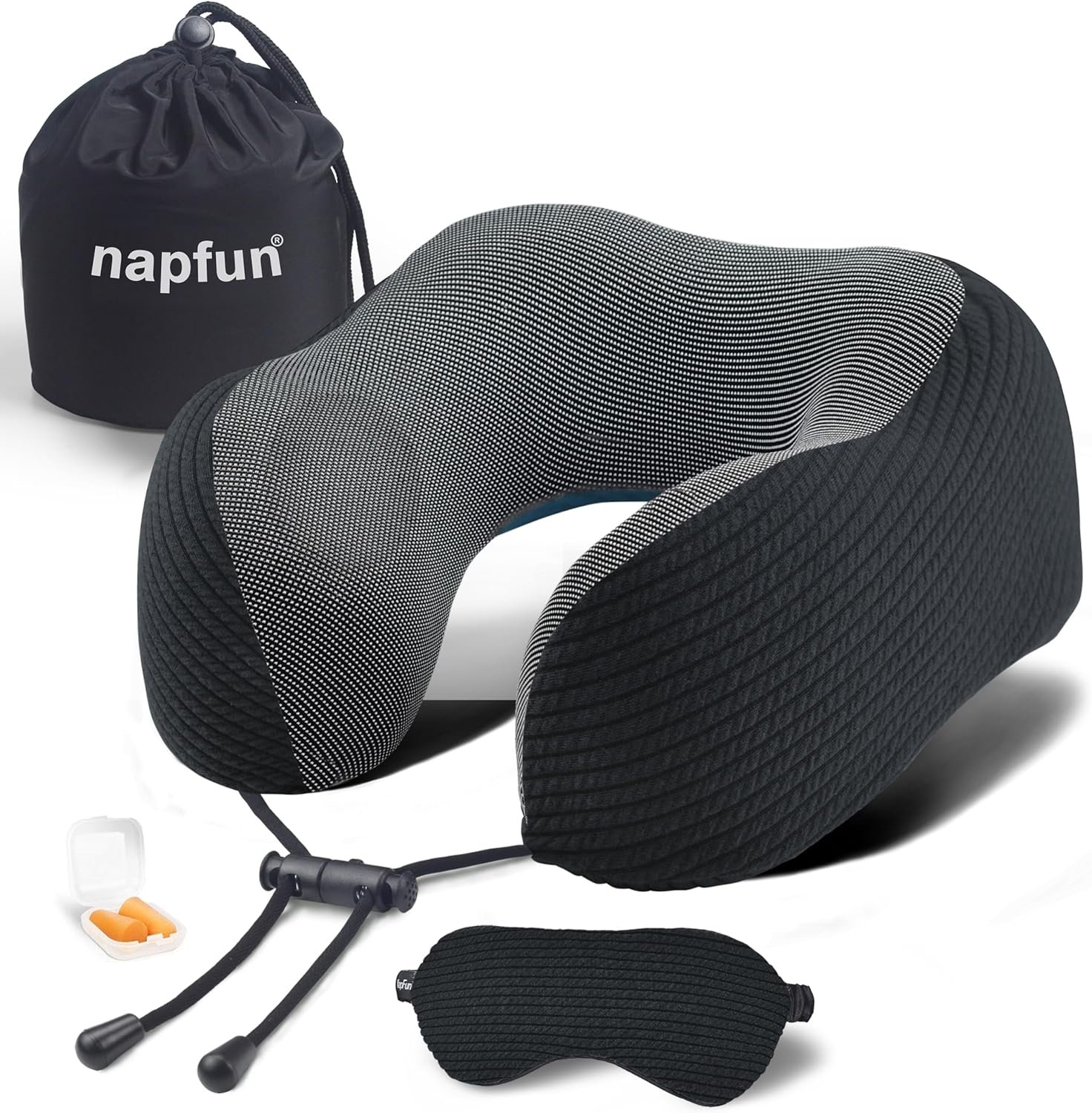 napfun Neck Pillow for Traveling, Upgraded Travel Neck Pillow for Airplane 100% Pure Memory Foam Travel Pillow for Flight Headrest Sleep, Portable Plane Accessories, Striped Black