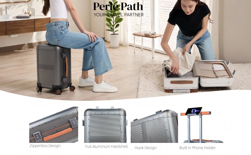 full aluminum hard shell luggage, zipperless luggage with hook, phone holder