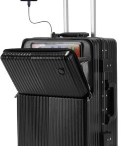24-Inch Checked Luggage with Front Pocket, USB Port, Phone Holder & Foldable Cup Holder, Expandable Spinner Suitcase, 360° Wheels for Men and Women Travel, Black