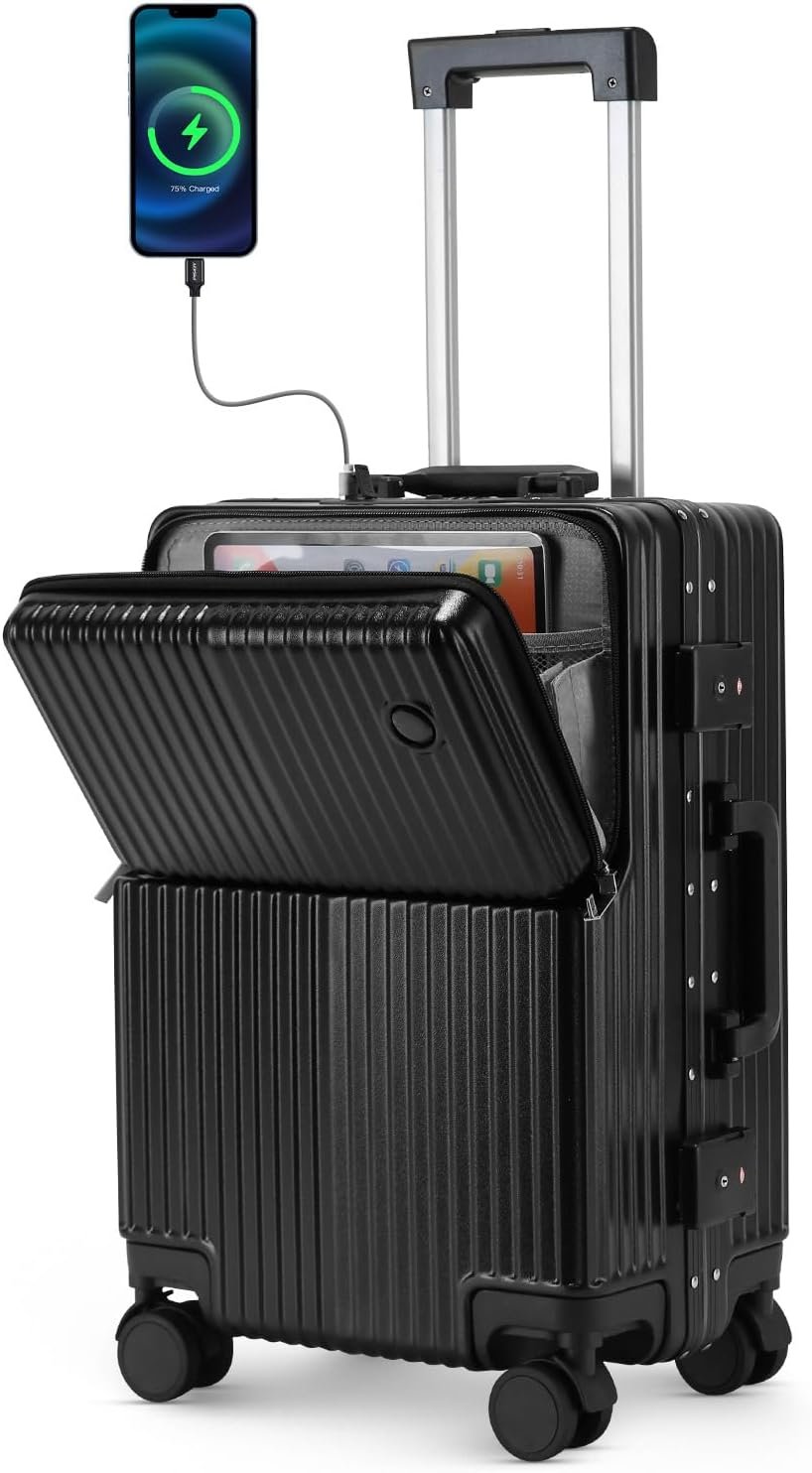 24-Inch Checked Luggage with Front Pocket, USB Port, Phone Holder & Foldable Cup Holder, Expandable Spinner Suitcase, 360° Wheels for Men and Women Travel, Black
