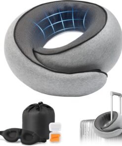 Advanced Memory Foam Neck Travel Pillow, Neck Pillow Airplane with Eye Mask & Ear Plugs, Designed for The Comfort of Travel & Office, Travel Pillow for Plane, Car, Home, Work， Grey