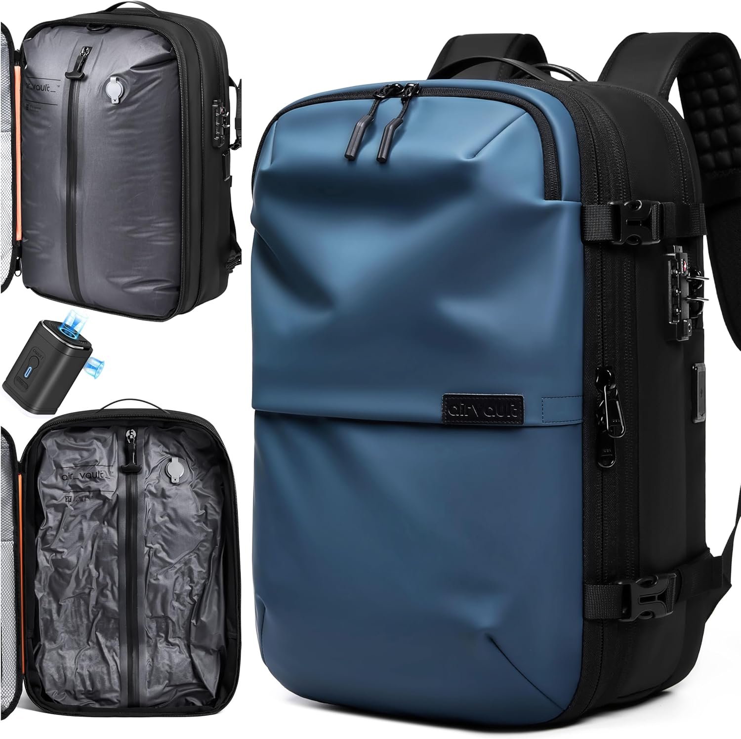 AirVault Vacuum Seal Travel Backpack 60L with Expandable HyperSeal Air Compression Vacuum System Water Resistant TSA Lock (Vacuum Pump Included, Blue, 60L)