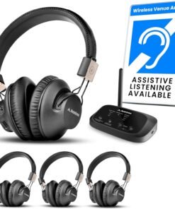 Avantree Quartet 2 - Wireless Group Listening Headphones & Transmitter for TV, Church, Classroom, Silent Discos, Plug & Play, 2.4GHz Expandable Multi-Headphone System with Low Latency & Clear Voice