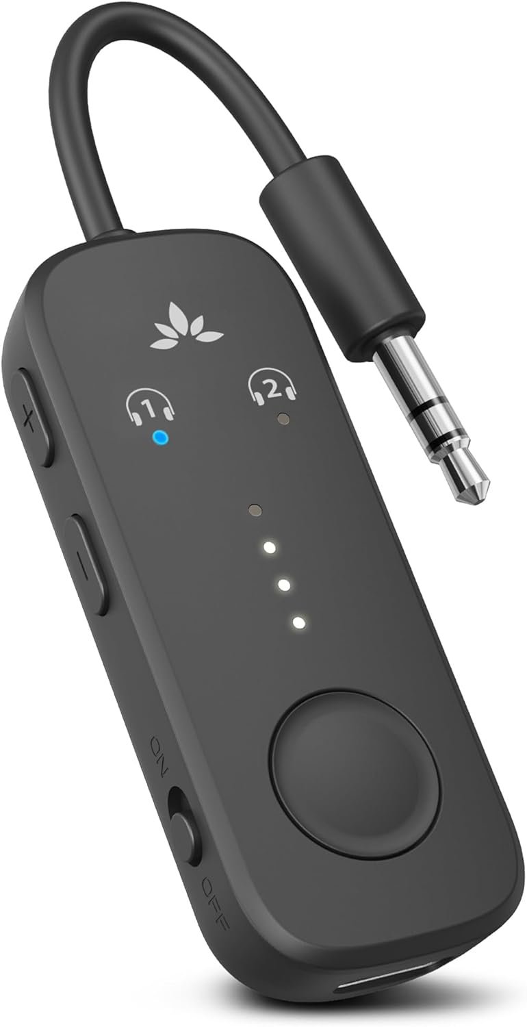 Avantree Relay - Premium Airplane Bluetooth Adapter with Advanced Qualcomm Chipset, 2 Headphones Support, 25hrs Play Time, aptX Adaptive & HD Audio Transmitter for Airpods, Bose & Travel Flight