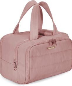 BAGSMART Travel Toiletry Bag, Lightweight Large Wide-open Travel Bag for Women, Puffy Cosmetic Makeup Bag Organizer with Handle for Accessories,Essentials, Toiletries, Dark Pink