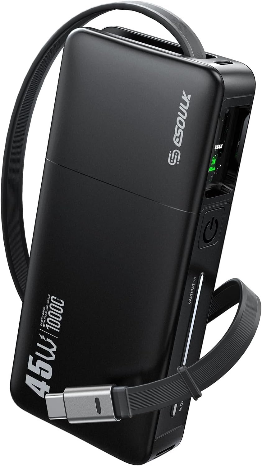Esoulk Portable Charger Power Bank 45W 10000mAh, Fast Charging Battery Pack with Built-in Retractable USB-C Cable & TFT LED Display, Travel Essential for iPhone 17/16/15, Samsung, MacBook & More