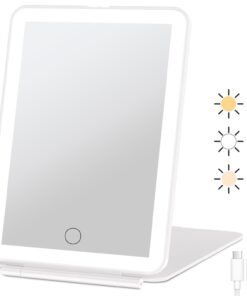 FUNTOUCH Rechargeable Travel Makeup Mirror with 72 Led Lights, Portable Lighted Beauty Mirror, 3 Color Lighting, Dimmable Touch Screen, Tabletop LED Folding Cosmetic Vanity Mirror