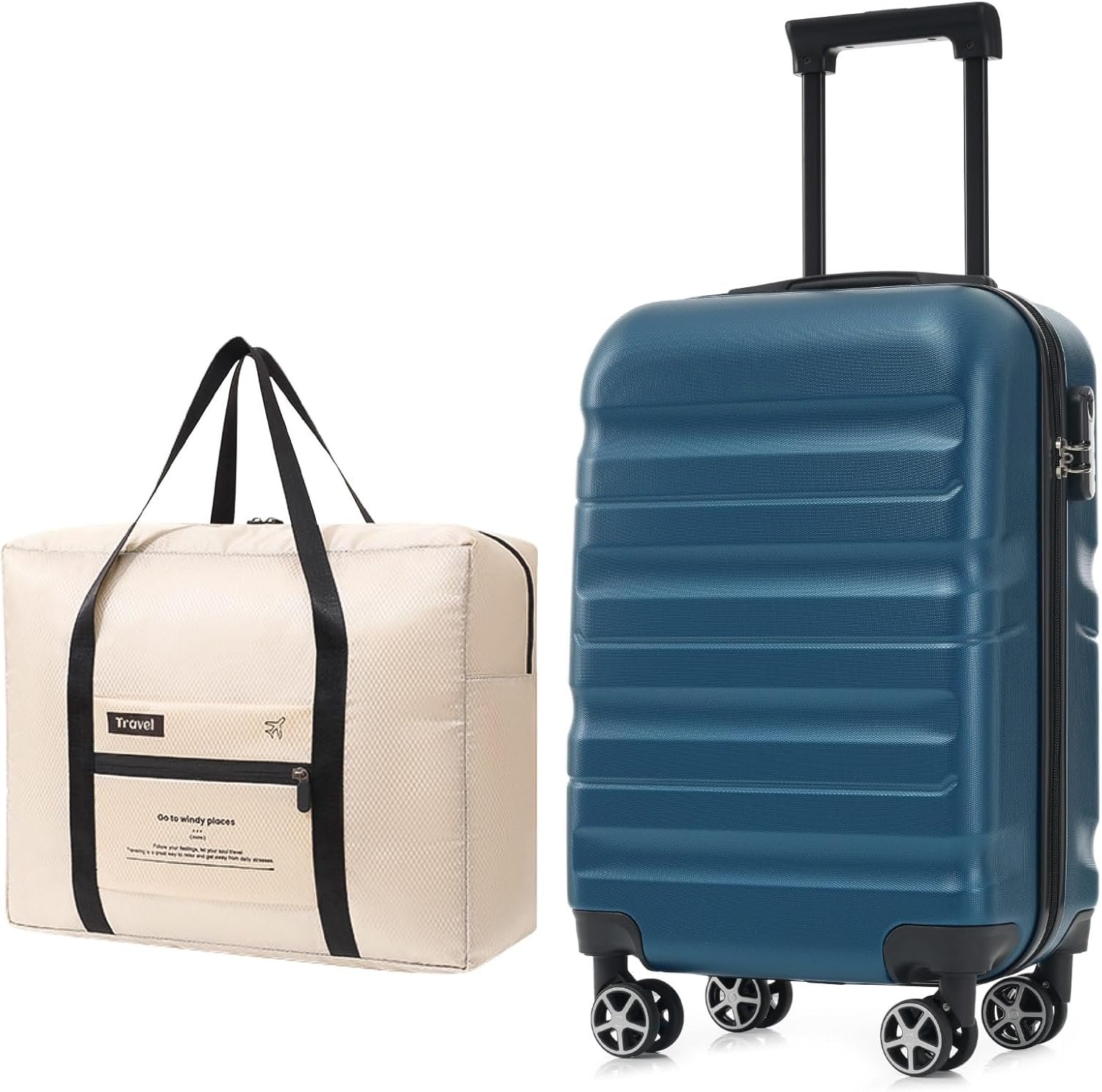 Hardshell ABS Carry-On Luggage with Spinner Wheels, Lightweight Travel Suitcase Set with Foldable Duffel Bag, 20 Inch TSA Lock Suitcase, Well-Organized Interior with Secure Compartments Trolley Sleeve