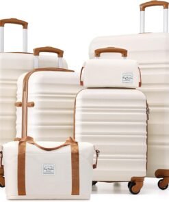 LONG VACATION 6 Piece Luggage Set Carry on Suitcase with ABS+PC hardshell, Spinner Wheels & YKK Zipper TSA Lock (BEIGE-BROWN, 6 piece set)