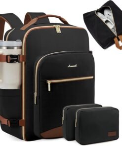 LOVEVOOK 40L Large Travel Backpack for Women Men, 17 Inch Carry on Backpack for Traveling on Airplane, Personal Item Bag Airline Approved, Business Causal Weekender Backpack, Black-Brown