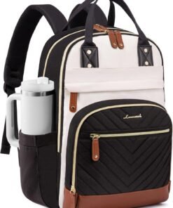 LOVEVOOK Laptop Backpack for Women with Giant Tumbler Holder Pocket,15.6 inch School College Book Bag Nurse Teacher Backpack,Waterproof Work Travel Backpack Purse Laptop Computer Bag,Beige-Black-Brown