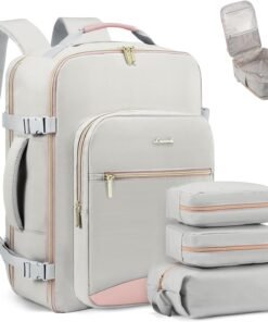 LOVEVOOK Travel Backpack for Women & Men 40L,Airline Approved Carry On Backpack Travel Essentials,TSA Carry on Luggage,Waterproof Personal Item Travel Bag,Suitcase with 3 Packing Cubes,Light gray-Pink