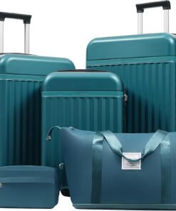 Merax 5 piece set of hard shell luggage set,a handbag and a toiletry bag,Expandable suitcase with double spinner wheels,TSA Lock.