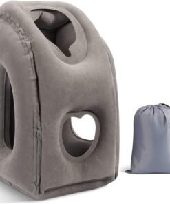 MoKo Inflatable Travel Pillow, Comfortable Neck Pillow with Storage Bag Support Shoulder and Neck to Avoid Pain for Airplane Train Office Car Travel Home, Gray