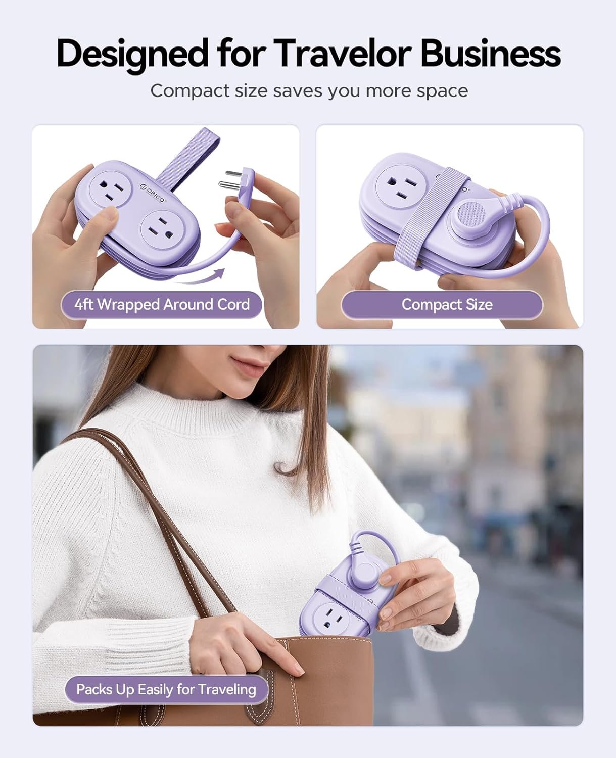 ORICO 4FT Purple Travel Power Strip with 4 AC Outlets 2 USB A Ports and 1 USB C Port 45° Flat Plug Extension Cord with Non Surge Protector for TravelHomeDormOffice AP3.jpg