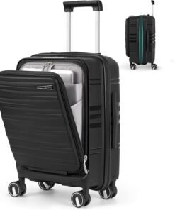 RAINSMORE Expandable Carry on Luggage 20 Inch, Airline Approved Carry on Suitcase with Front Pocket&Laptop Compartment, Hardshell Rolling Travel Luggage with Spinner Wheels,Black