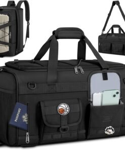 RAINSMORE Gym Bag for Men, 45L Large 3 in 1 Sports Duffle Bag with Shoes Compartment & Wet Pocket Water-Resistant Sports Travel Weekender Bag Multipurpose Carry On Overnight Tactical Backpack, Black