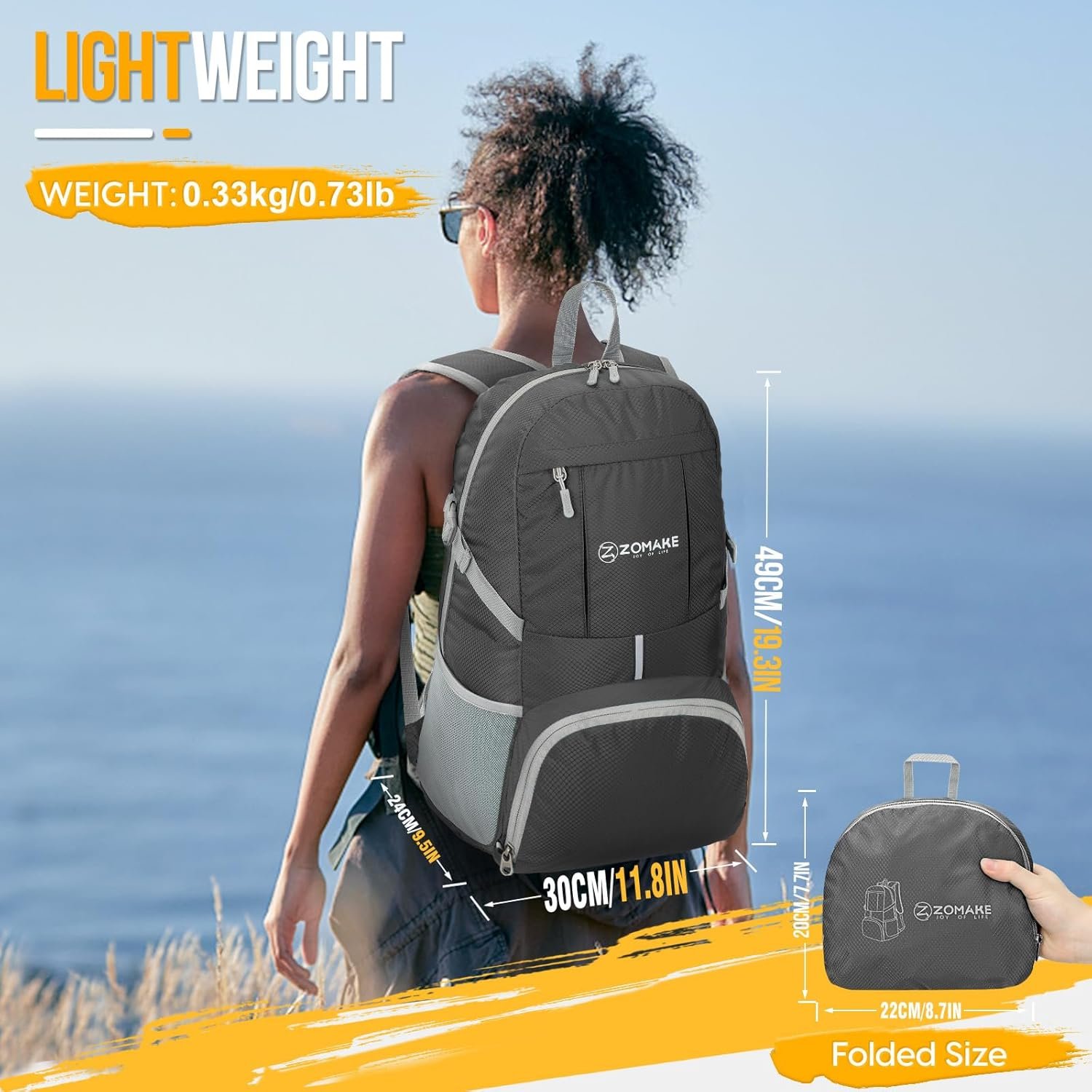 ZOMAKE Lightweight Packable Backpack 35L Light Foldable Backpacks Water Resistant Collapsible Hiking Bag Compact Folding Day Pack for Travel CampingDimgray.jpg