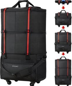 mixi Travel Bag with Wheels Expandable Foldable Luggage Bag Collapsible Rolling Travel Bag Duffel Bag Large Capacity Suitcase for Men Women, Black