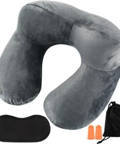 1 PcsInflatable Travel Pillows for Sleeping Airplane Inflatable Neck Pillow for Traveling Pillow Inflatable Travel Neck Pillows for Airplanes Sleeping, Train, Car, Office, with Eye Masks, Earplugs