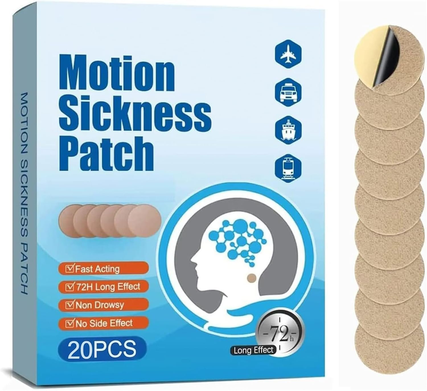 (2026 New) Motion Sickness Patches Non-Drowsy, 100% Natural Motion Sickness Patch(Efficient– Lasts 72 Hours)-for Car Airplane Ship Altitude Sickness(Travel Essentials)-for Adults and Kids(20 Count)