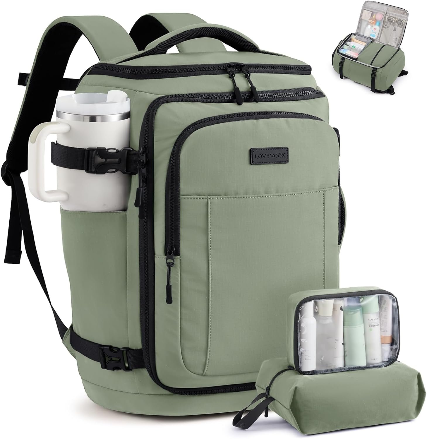 LOVEVOOK Travel Backpack for Women & Men, 25L Airline Approved Personal Item Carry On Backpack, Lightweight with 2 Packing Cubes, Waterproof Daypack for Work, Gym & Weekend Travel, Slate Green-Black