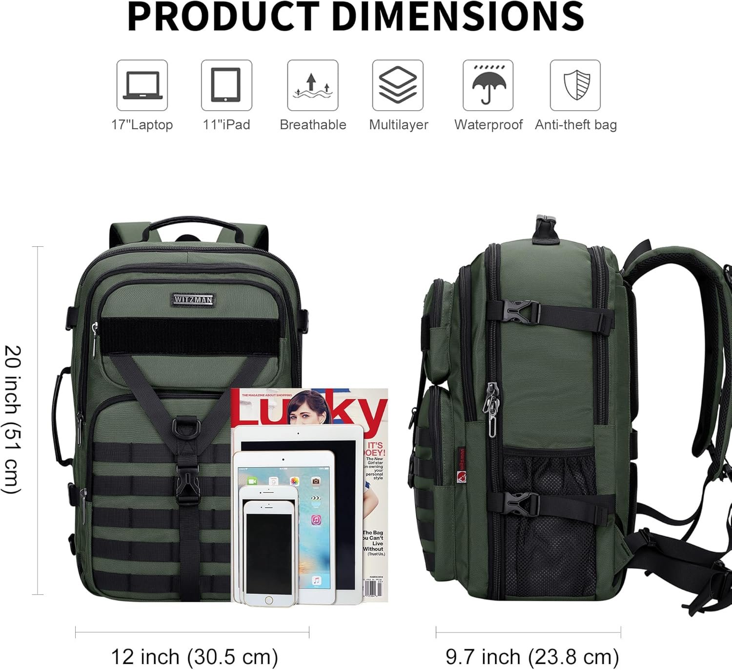 1777454018 WITZMAN Carry On Travel Backpack for Men Large Convertible 45L Fit 17 Inch Laptop Backpack 3 in 1 Bag for Airline ApprovedB688 Light Green.jpg