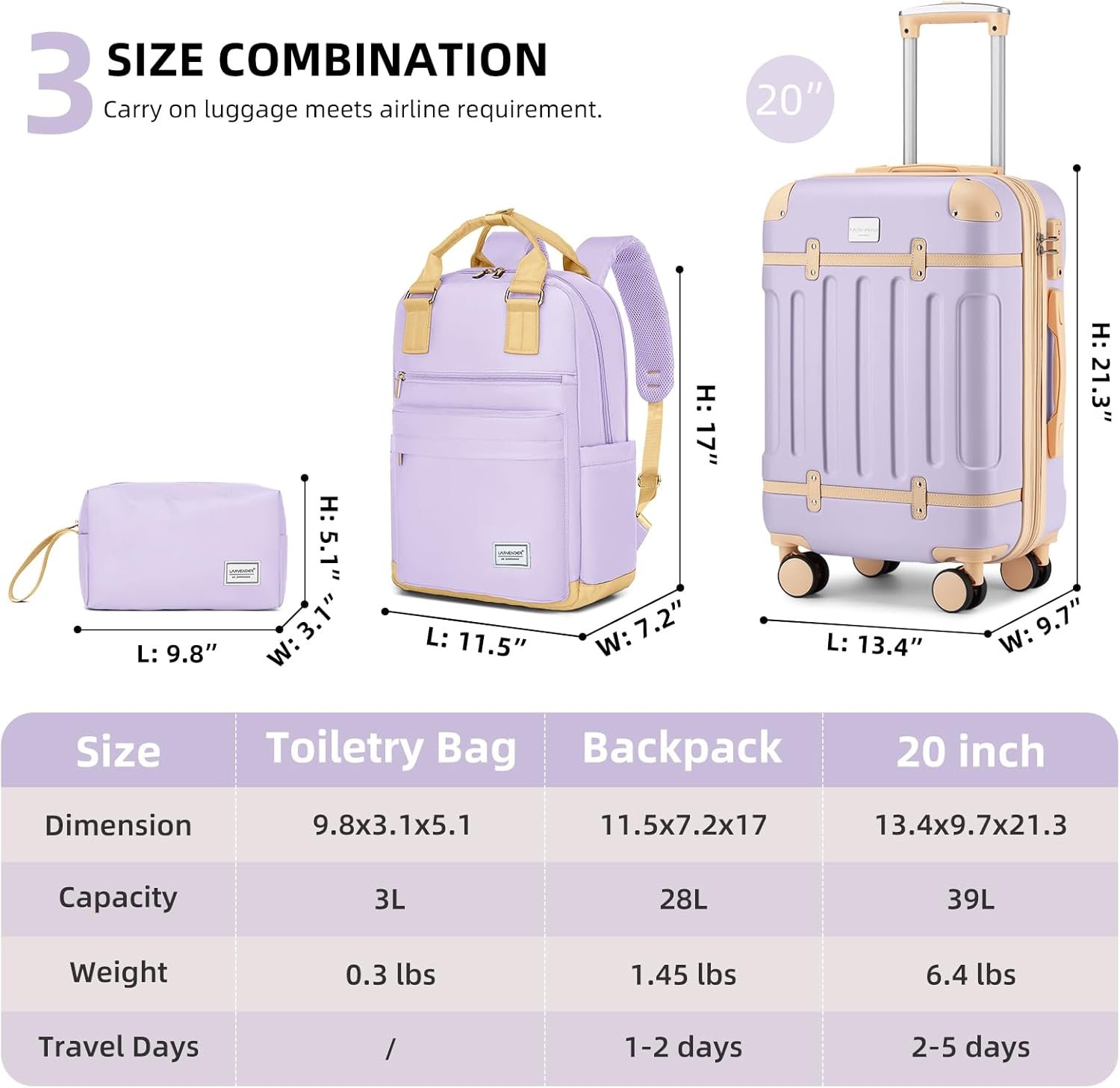 1777459386 LARVENDER Luggage Sets 3 Piece Expandable Carry on Luggage 22x14x9 Airline Approved Hardshell Suitcase with Wheels TSA Lock Lightweight Suitcase Set for Women with Travel Backpack Lavender.jpg