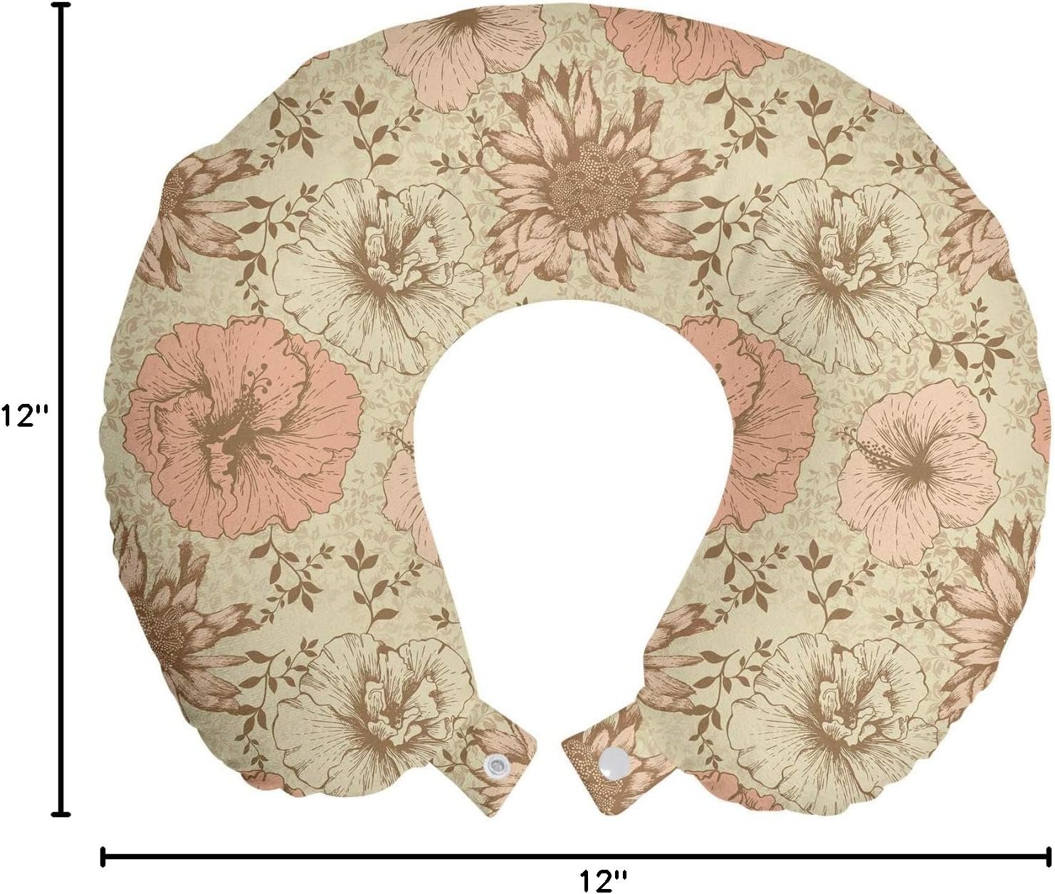 1777459743 Lunarable Floral Travel Pillow Neck Rest Retro Pattern on Nostalgic Background Soft Color Vintage Nature Design Print Memory Foam Traveling Accessory for Airplane and Car 12 Cream Pink Brown.jpg