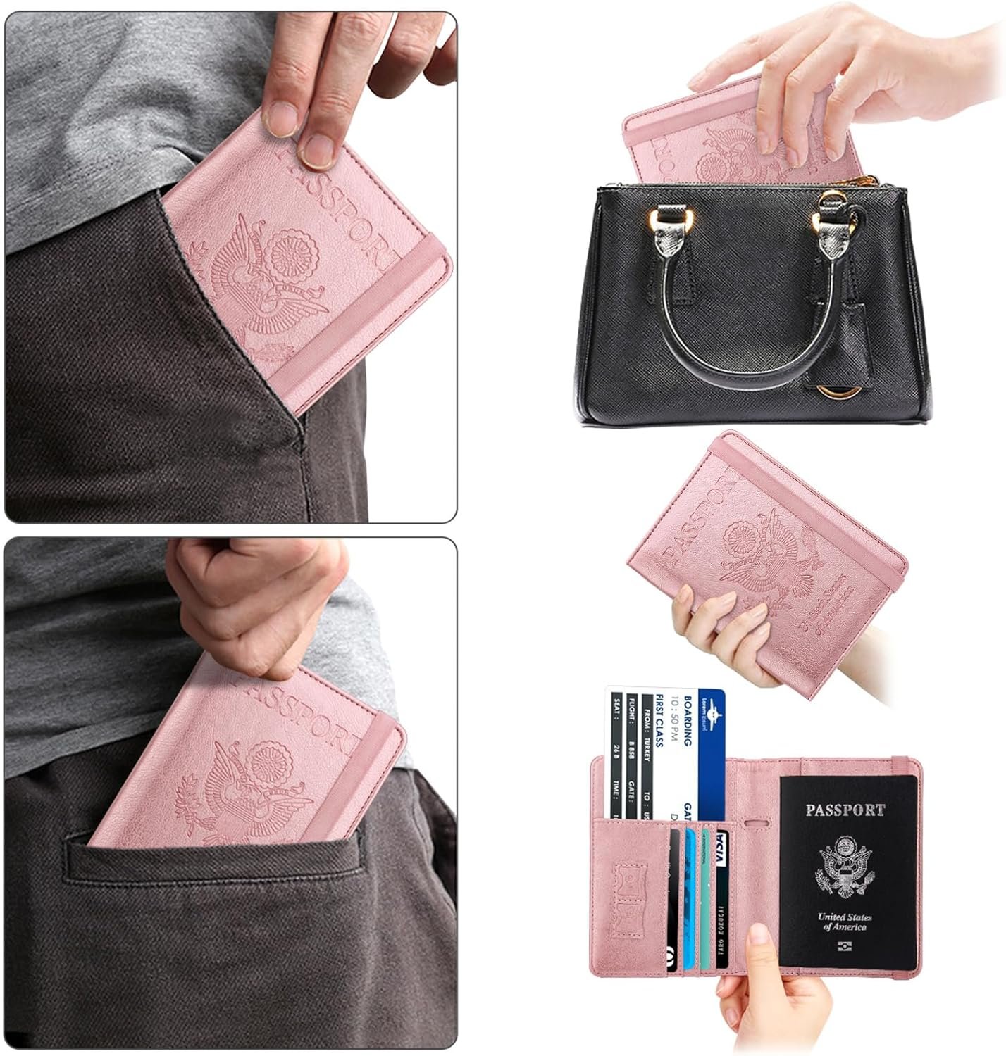 1777460838 WALNEW Passport Holder for Travel RFID Passport Cover Wallet for Women Men PU Leather Passport Book Card Holder Case with Pen Elastic Band Closure A Rosegold.jpg