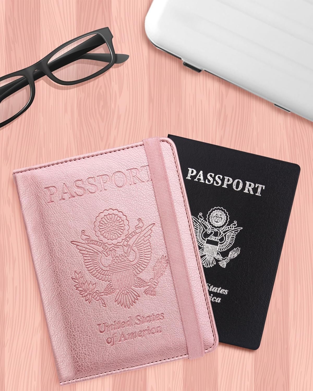 1777460840 WALNEW Passport Holder for Travel RFID Passport Cover Wallet for Women Men PU Leather Passport Book Card Holder Case with Pen Elastic Band Closure A Rosegold.jpg