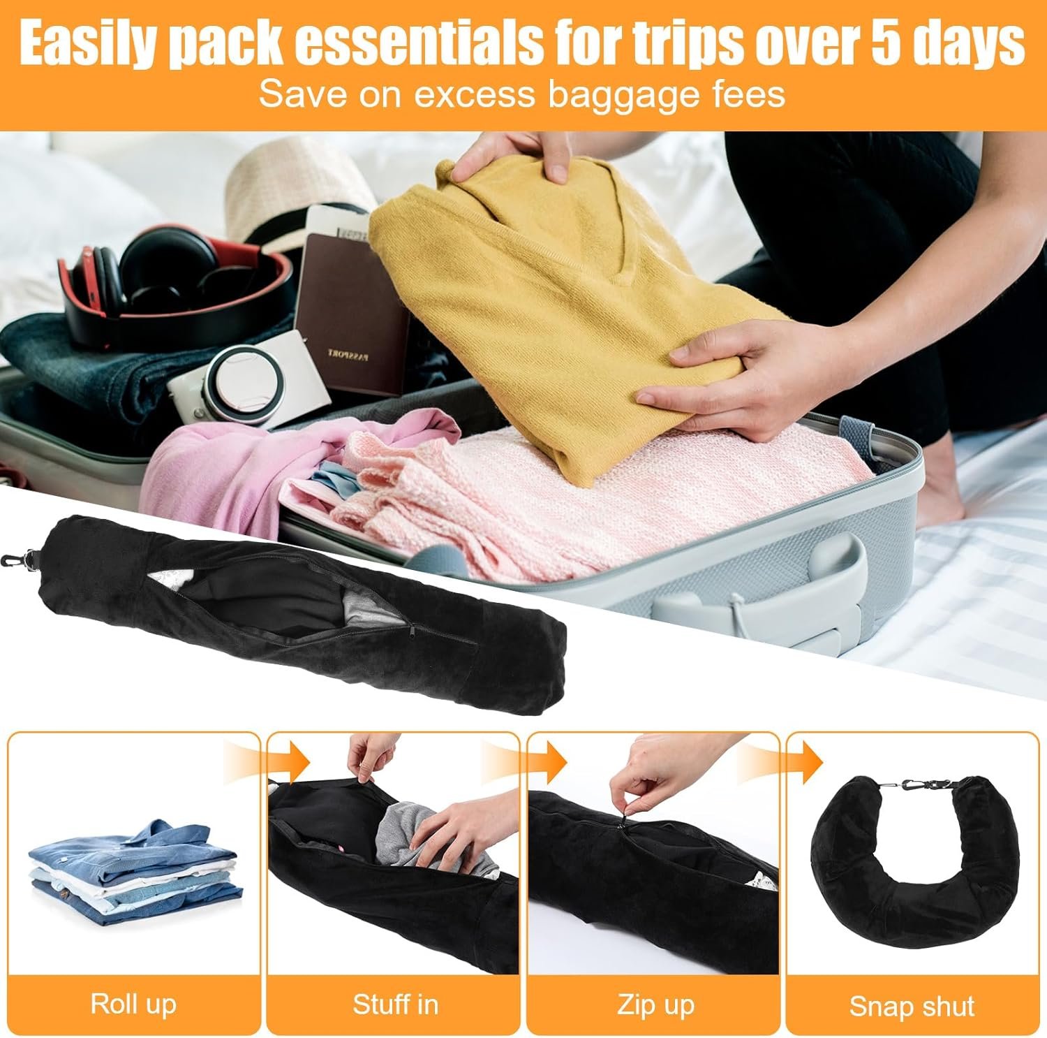 1777463751 Stuffable Travel Pillow Velvet Neck Pillow for Travel Stuffed with Clothes Traveling Pillows for Airplanes Traveling Essentials Multifunctional Sleeping Rest Cushion No FillerBlack.jpg