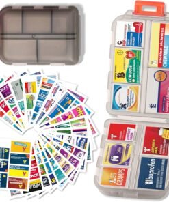 Pill Organizer with Medicine Labels Travel Daily Pill Container Mini Medication Organizer Storage Pill Organizer Travel Essentials Pill Case 7 Day (Grey & 161 Lables)