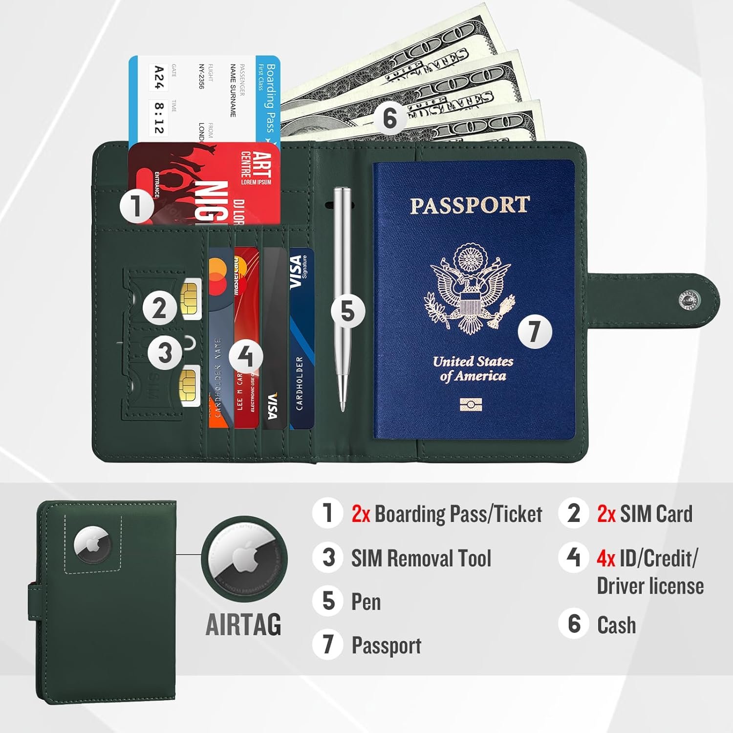 1777474020 Passport Holder with Airtag Slot Cards Cash Air Ticket Pocket Travle Gifts for Women Men RFID Blocking Wallet Passport Book Cover Case Green.jpg