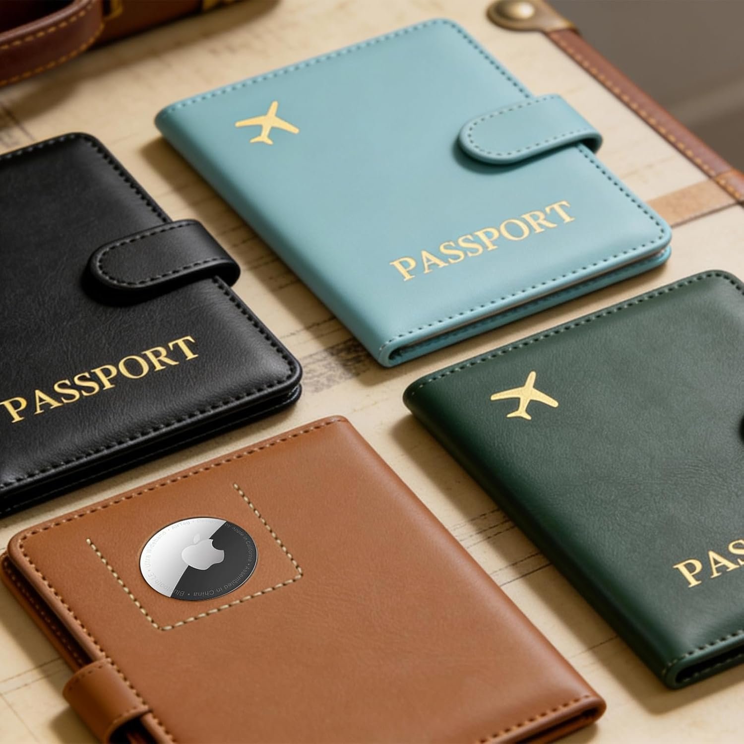 1777474026 Passport Holder with Airtag Slot Cards Cash Air Ticket Pocket Travle Gifts for Women Men RFID Blocking Wallet Passport Book Cover Case Green.jpg