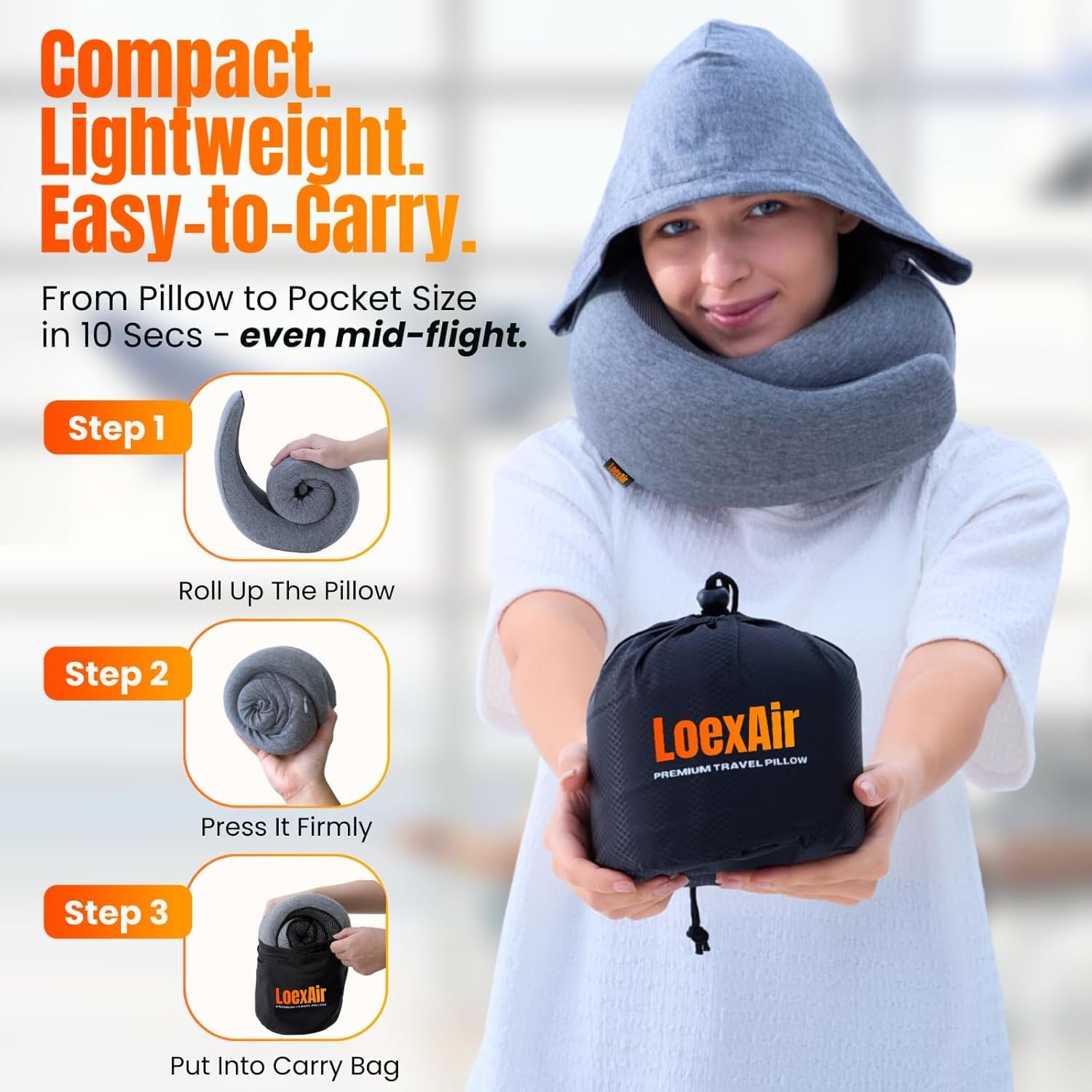 1777477286 LOEXAIR™ Hooded Pro Travel Pillow Memory Foam Neck Support Pillow for Airplane Flight Super Soft Pure Cotton Fabric Maximum Privacy Light Block Design Lightweight Full Travel Kit Light Grey.jpg