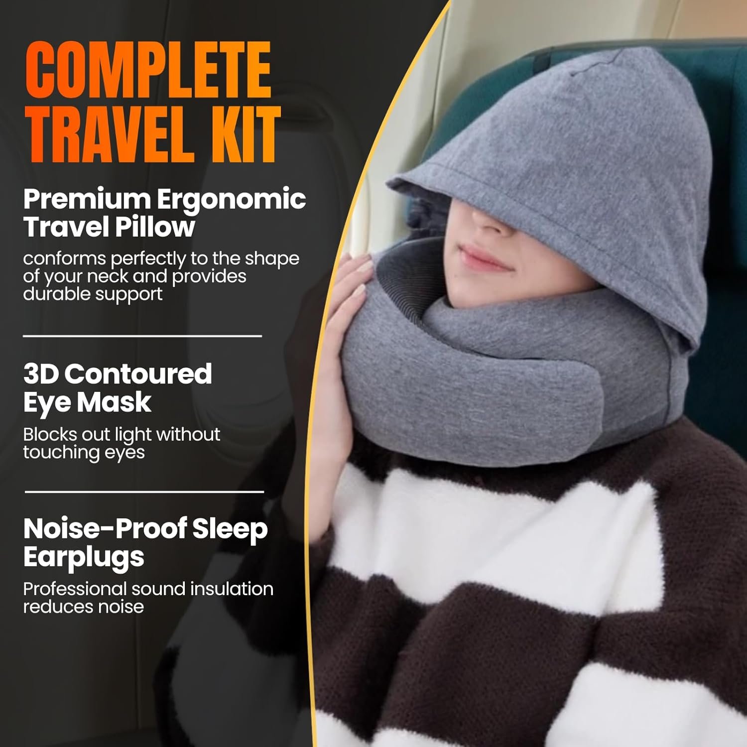 1777477290 LOEXAIR™ Hooded Pro Travel Pillow Memory Foam Neck Support Pillow for Airplane Flight Super Soft Pure Cotton Fabric Maximum Privacy Light Block Design Lightweight Full Travel Kit Light Grey.jpg