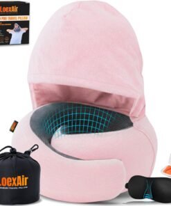 LOEXAIR™ Hooded Pro Travel Pillow - Memory Foam Neck Support Pillow for Airplane, Flight - Super-Soft Pure Cotton Fabric, Maximum Privacy & Light-Block Design, Lightweight Full Travel Kit- Sakura Pink