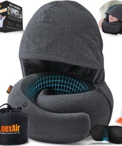 LOEXAIR™ Hooded Pro Travel Pillow - Memory Foam Neck Support Pillow for Airplane, Flight - Super-Soft Pure Cotton Fabric, Maximum Privacy & Light-Block Design, Lightweight Full Travel Kit - Dark Grey