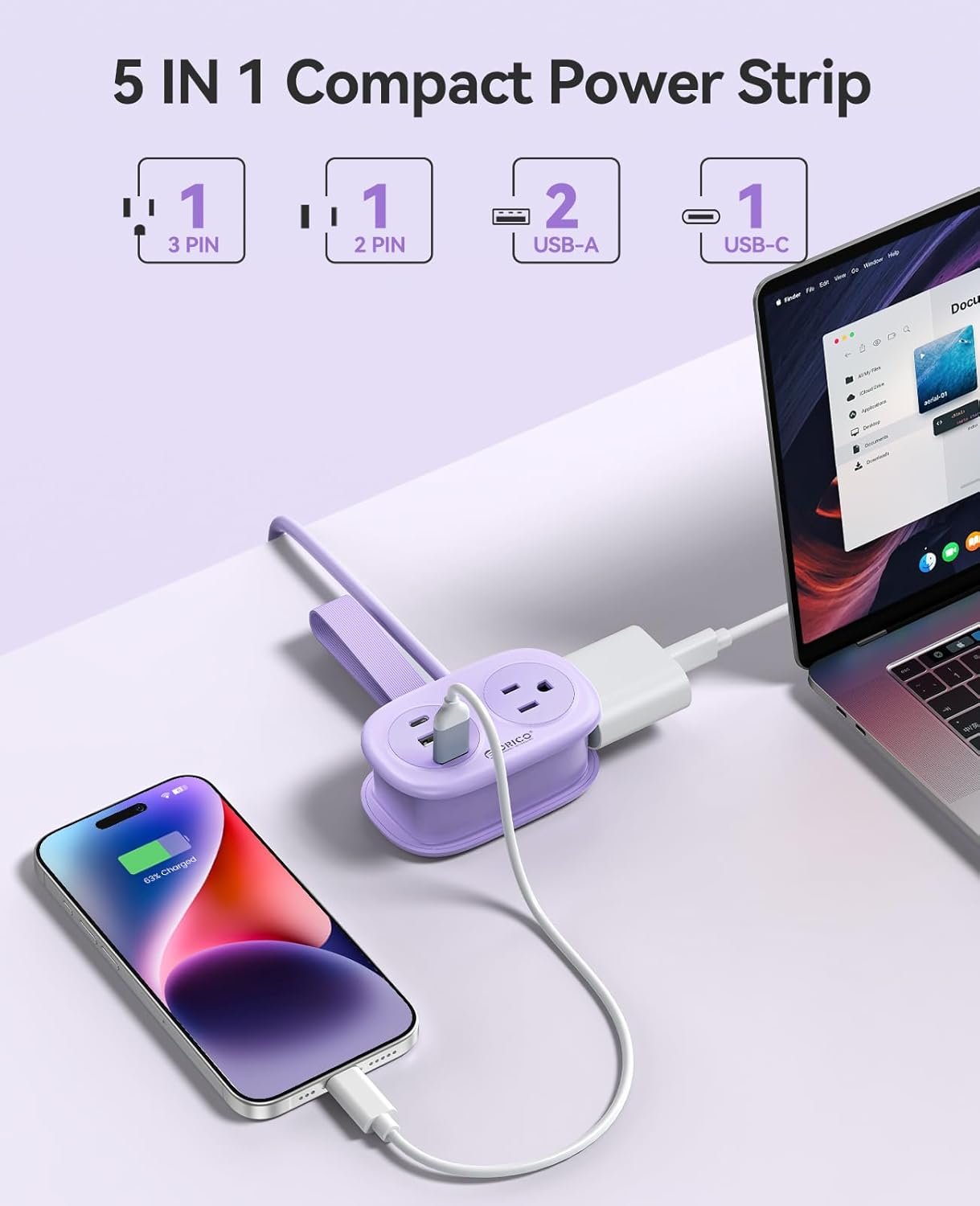 1777484634 ORICO Cruise Approved Power Strip for Travel 5 in 1 Extension Cord with 2 AC Outlets 2 USB A and 1 USB C Ports 3.7 ft Flat Plug Wrapped Around Power Strip for Cruise Office Hotel Home AP3.jpg