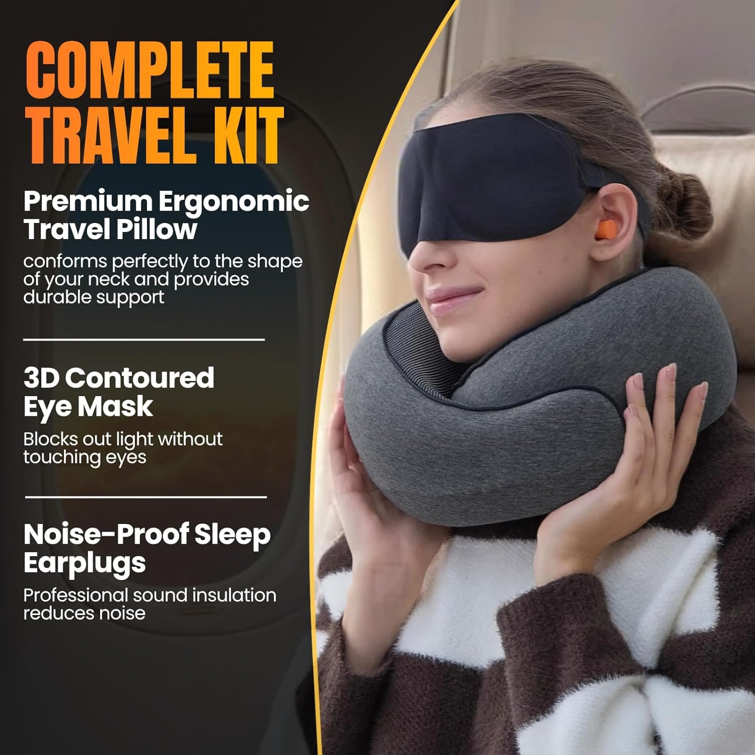 1777486801 LOEXAIR™ Travel Pillow Neck Pillow Travel for Airplane Car 100 Cotton Fabric Memory Foam Plane Pillow Lightweight Easy to Carry on Flight Full Travel Set Eye Mask Earplugs Dark Grey.jpg
