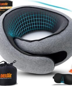 LOEXAIR™ Travel Pillow, Neck Pillow Travel for Airplane, Car - 100% Cotton Fabric & Memory Foam Plane Pillow, Lightweight & Easy-to-Carry on Flight, Full Travel Set (Eye Mask, Earplugs) - Light Grey