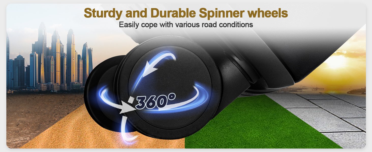 Black spinner wheels with 360-degree rotation capability, shown on various surfaces including sand, grass, and pavement. Text highlights their sturdiness and durability for different road conditions.