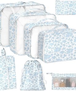 8 Set Packing Cubes for Travel, Luggage Packing Organizers Accessories Large Toiletries Bag for Clothes Shoes Cosmetics (Blue Flower)