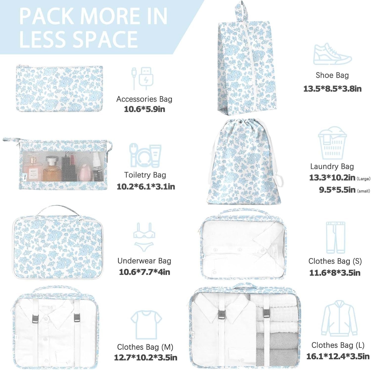 8 Set Packing Cubes for Travel Luggage Packing Organizers Accessories Large Toiletries Bag for Clothes Shoes Cosmetics Blue Flower.jpg