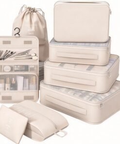 8 Set Packing Cubes for Travel,Suitcase Organizer Bags for Luggage with Shoe & Hanging Toiletry Bag, Vacation Essentials & Accessories for Cruise Ship, Airplane Must-Have,Road Trip & Camp Gifts(Cream)